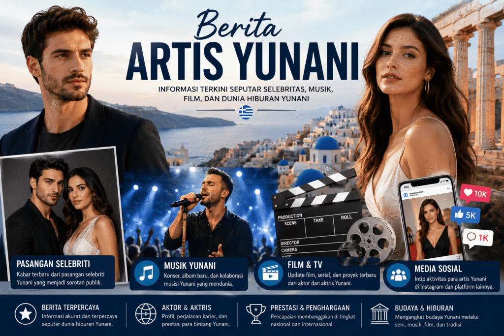 Berita Artis Yunani dengan ilustrasi selebriti, industri film, musik, media sosial, dan landmark Yunani yang merepresentasikan perkembangan dunia hiburan serta budaya populer di Yunani.