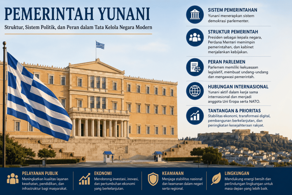 Pemerintah Yunani dengan ilustrasi gedung parlemen, bendera Yunani, dan elemen infografik yang menjelaskan sistem demokrasi parlementer, struktur pemerintahan, serta tata kelola negara modern.